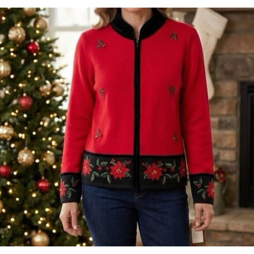 Tiara International Cardigan Sweater Womens M Red Beaded Zip Christmas Vintage
